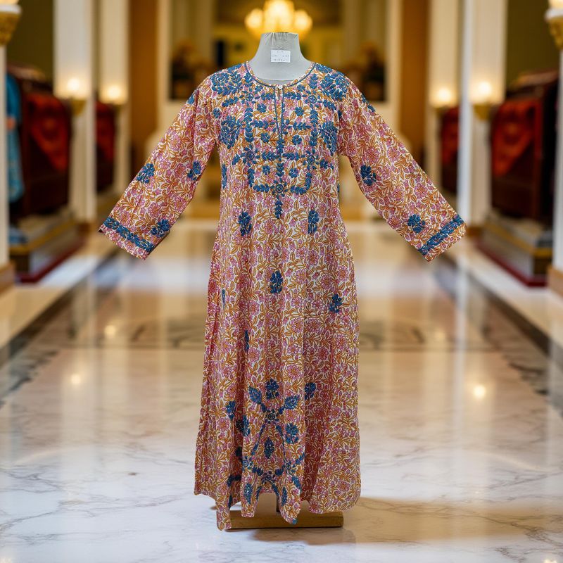 S/M Fahar Embroidery Printed Cotton Dress 57" Long Jalabiya