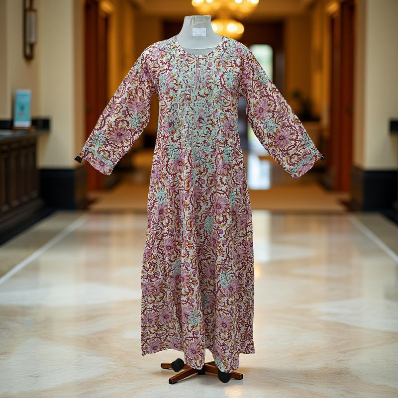 S/M Fahar Embroidery Printed Cotton Dress 57" Long Jalabiya