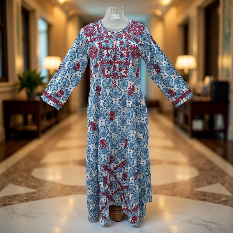 S/M Fahar Embroidery Printed Cotton Dress 57" Long Jalabiya