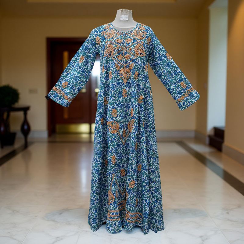 S/M Fahar Embroidery Printed Cotton Dress 57" Long Jalabiya