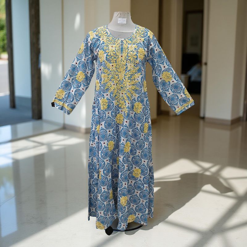 S/M Fahar Embroidery Printed Cotton Dress 57" Long Jalabiya