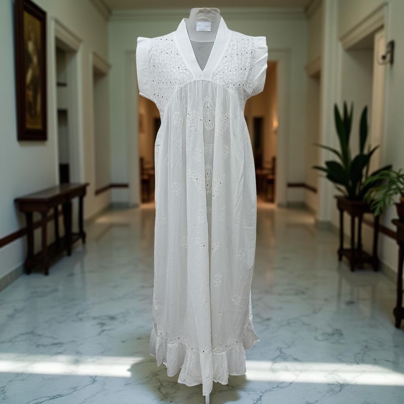 L/XL Amani White Embroidery Cotton Dress 57" Short Sleeves Jalabiya