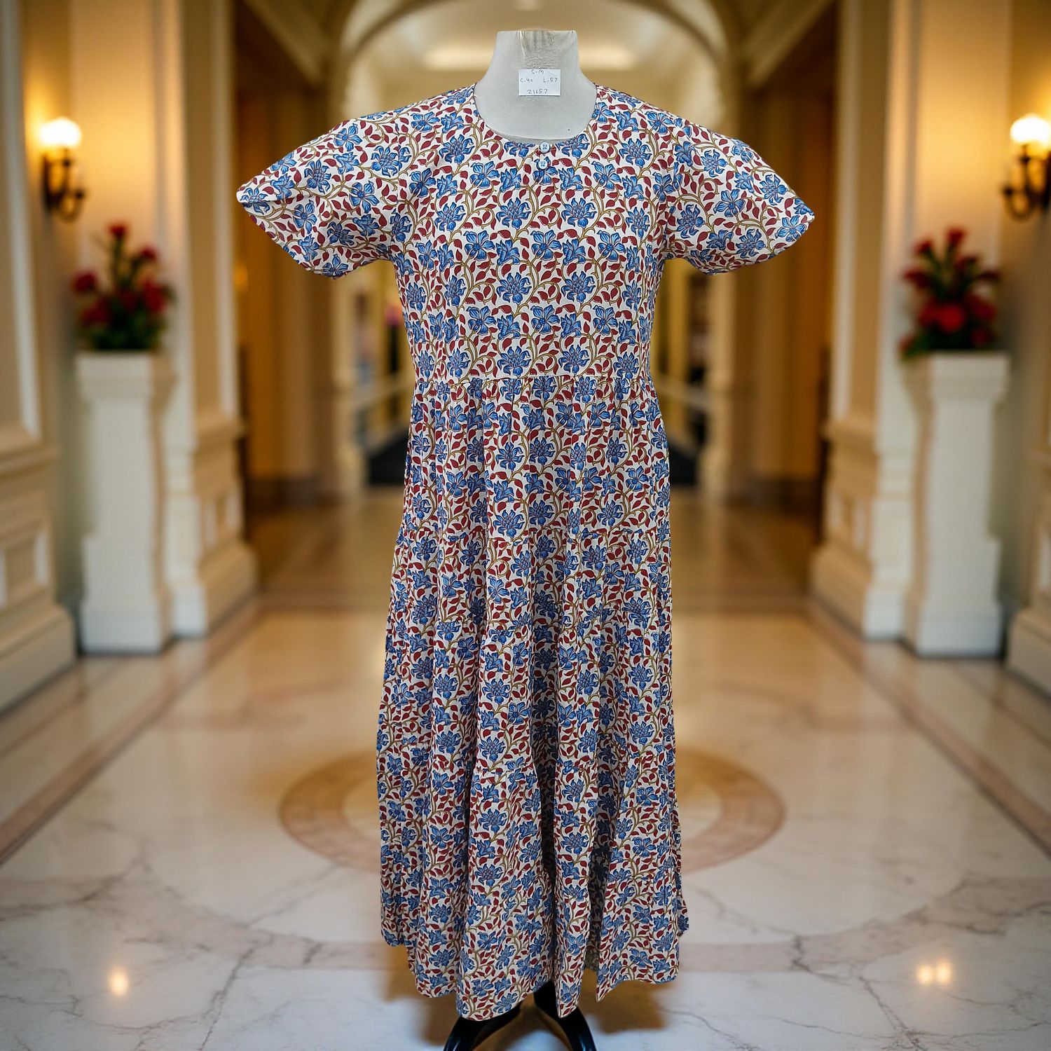 S-M Manha Printed Cotton Dress 57" Short Sleeves Jalabiya