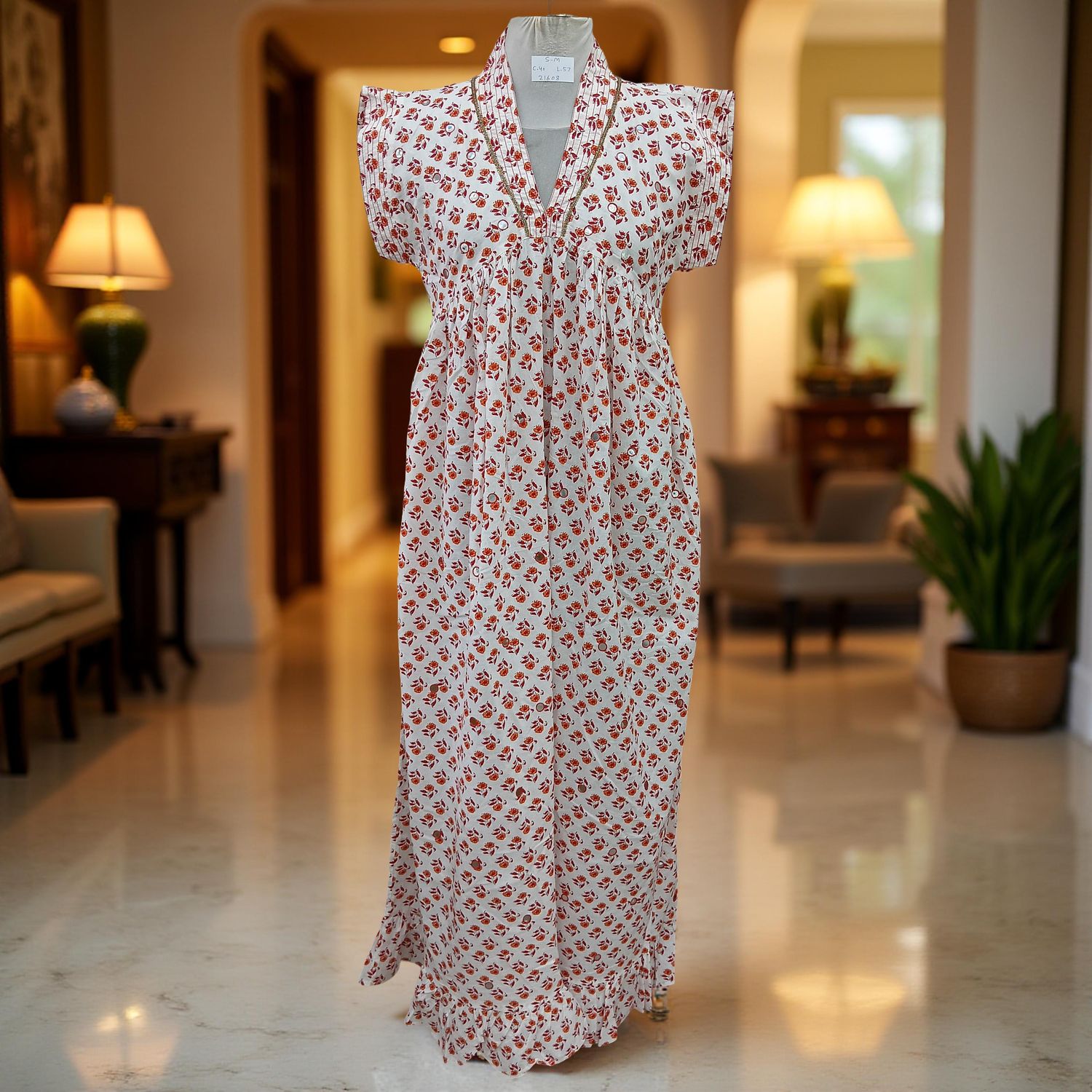 S-M Amani Printed Cotton Dress 57" Short Sleeves Jalabiya