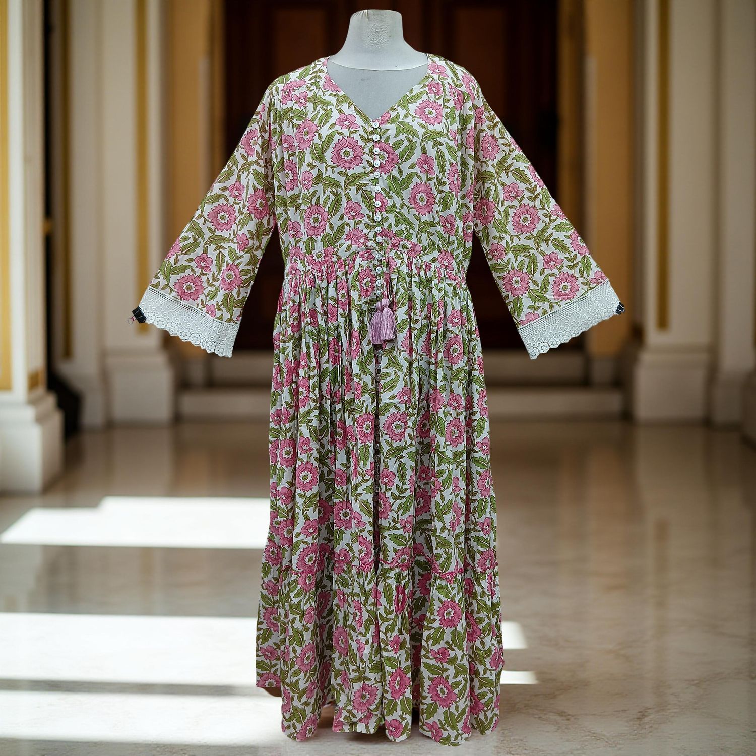 L/XL Ari Printed Cotton Dress 57" Long Jalabiya