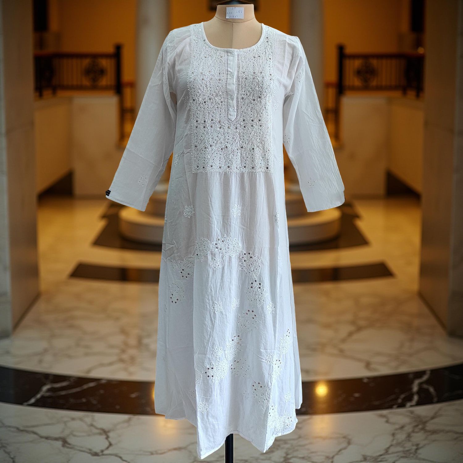 S/M Special Embroidery White Cotton Dress 57" Long Jalabiya