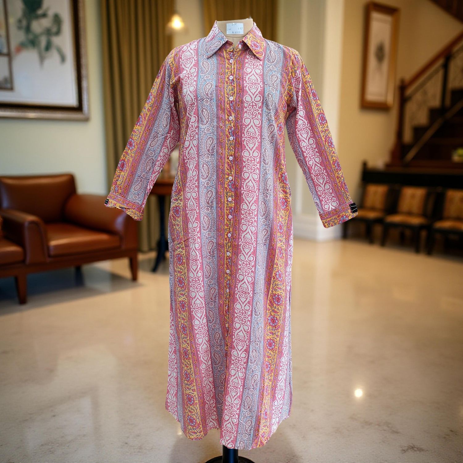 S/M Special Printed Cotton Dress 57" Long Sleeves Jalabiya