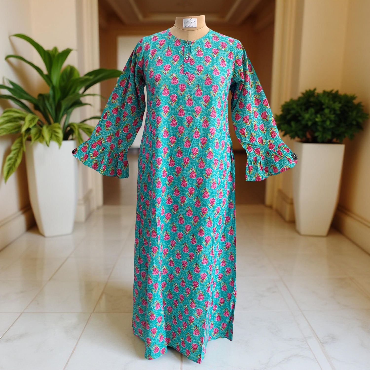 XS/S Special Printed Cotton Dress 54" Long Sleeves Jalabiya