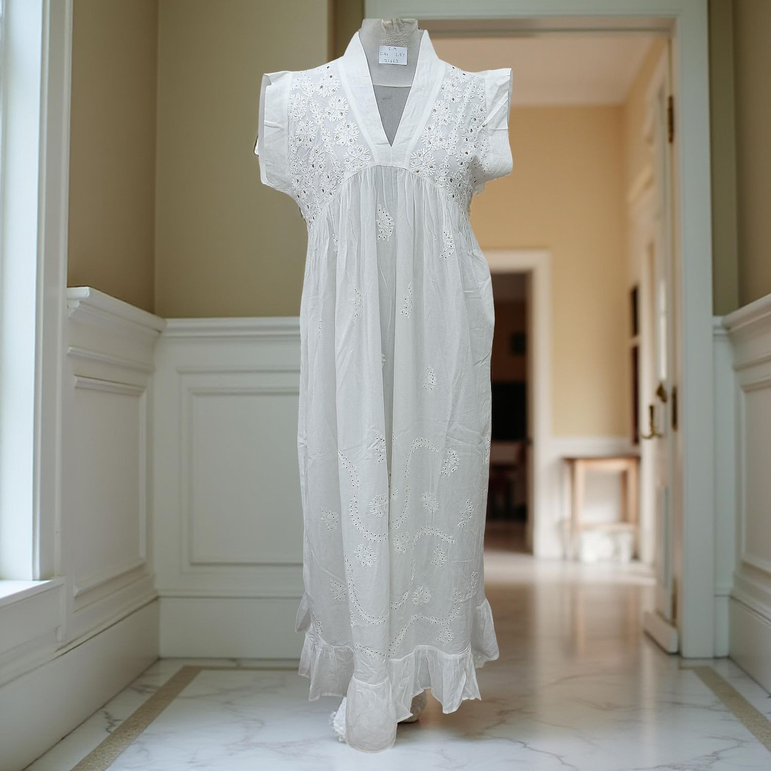 S/M Amani Embroidery Cotton Dress 57" Short Sleeves Jalabiya