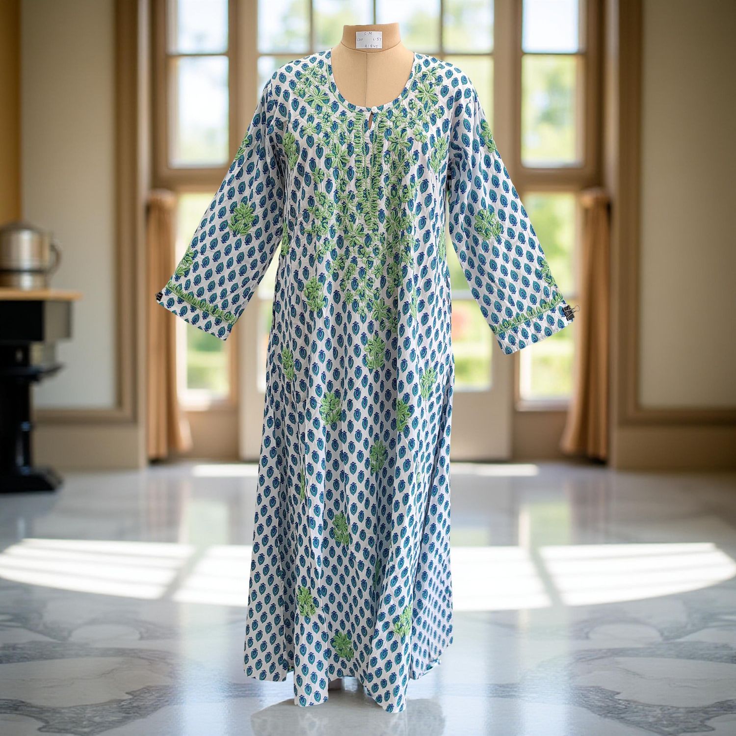 S/M Fahar Embroidery Printed Cotton Dress 57" Long Jalabiya