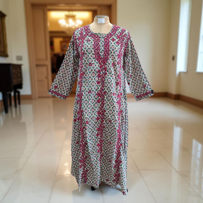 L/XL Fahar Embroidery Printed Cotton Dress 57" Long Jalabiya