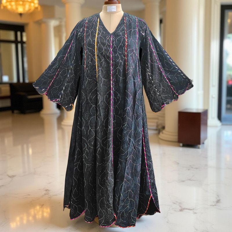 S/M Meher Crystal Black Plain Cotton Dress 57" Long Jalabiya