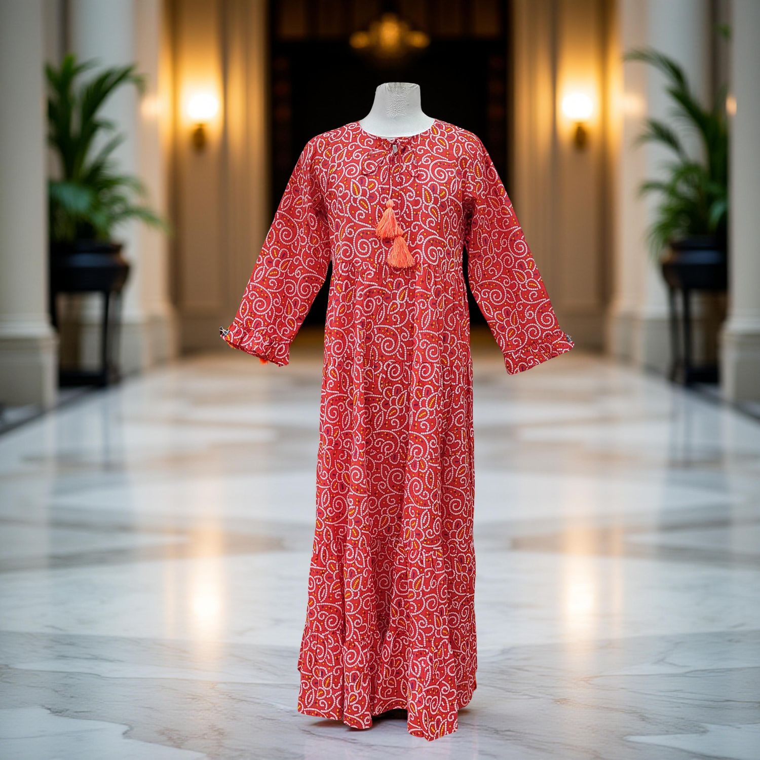 2XL/3XL Razia Printed Cotton Dress Long 57" Jalabiya