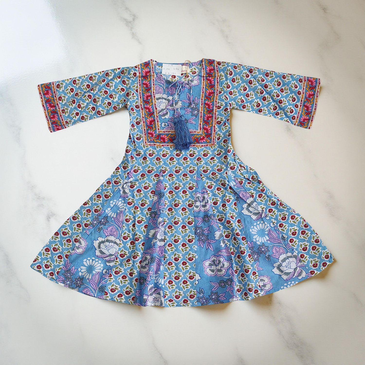 1-2 Year Anaya Printed Cotton Girls Dress 26" Long Jalabiya