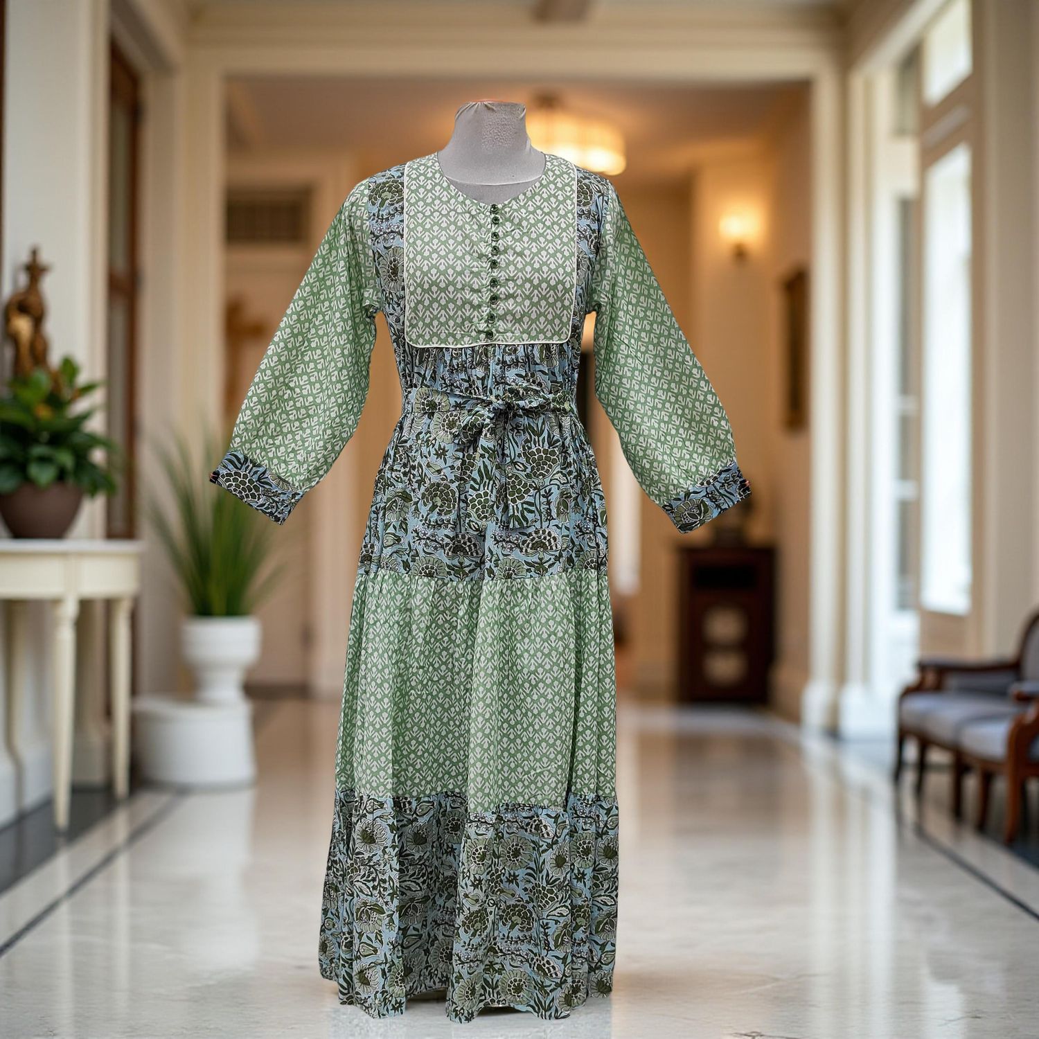 S/M Year Yumna Printed Cotton Dress 57" Long Jalabiya