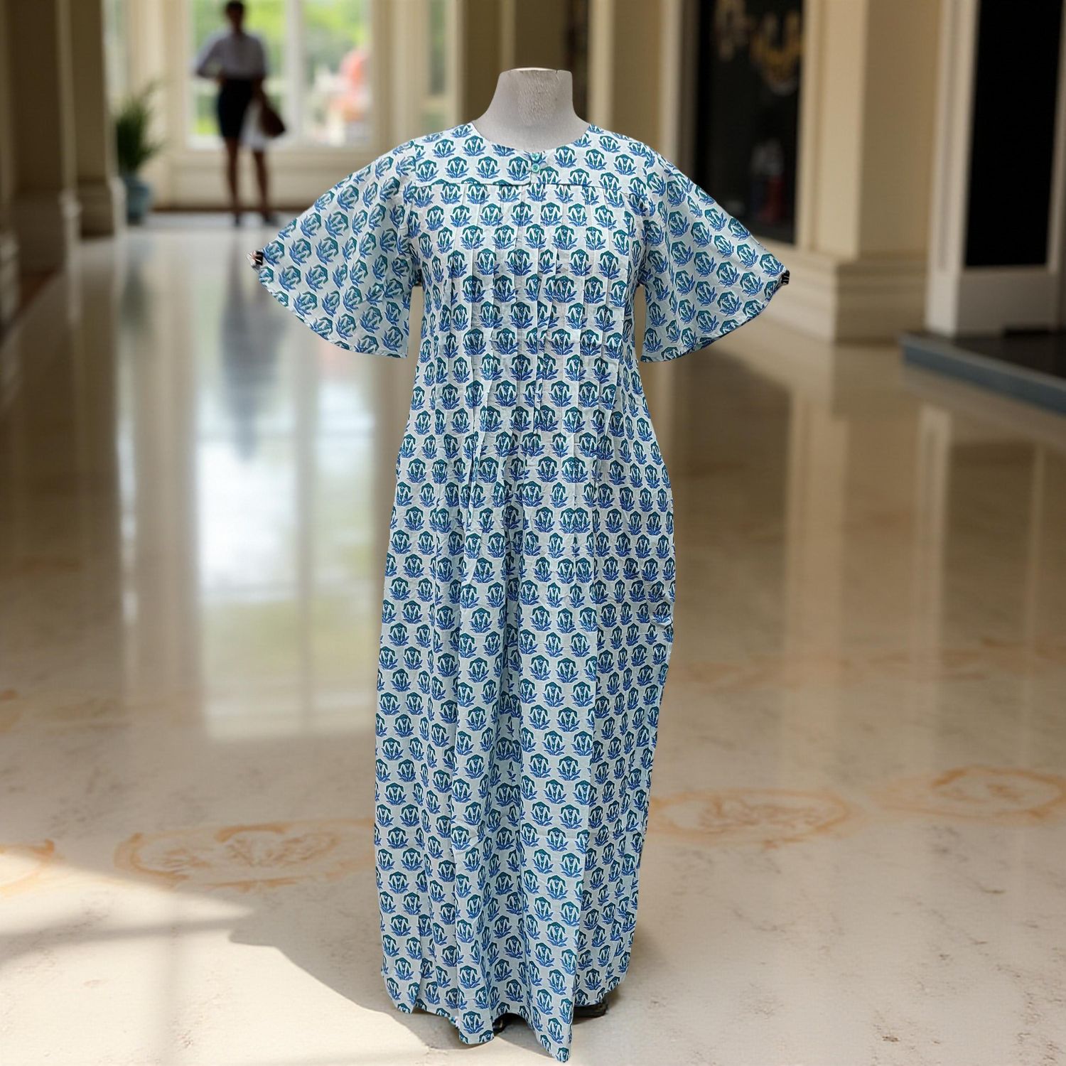 XS/S Nahla Printed Cotton Dress 54" Short Sleeves Jalabiya