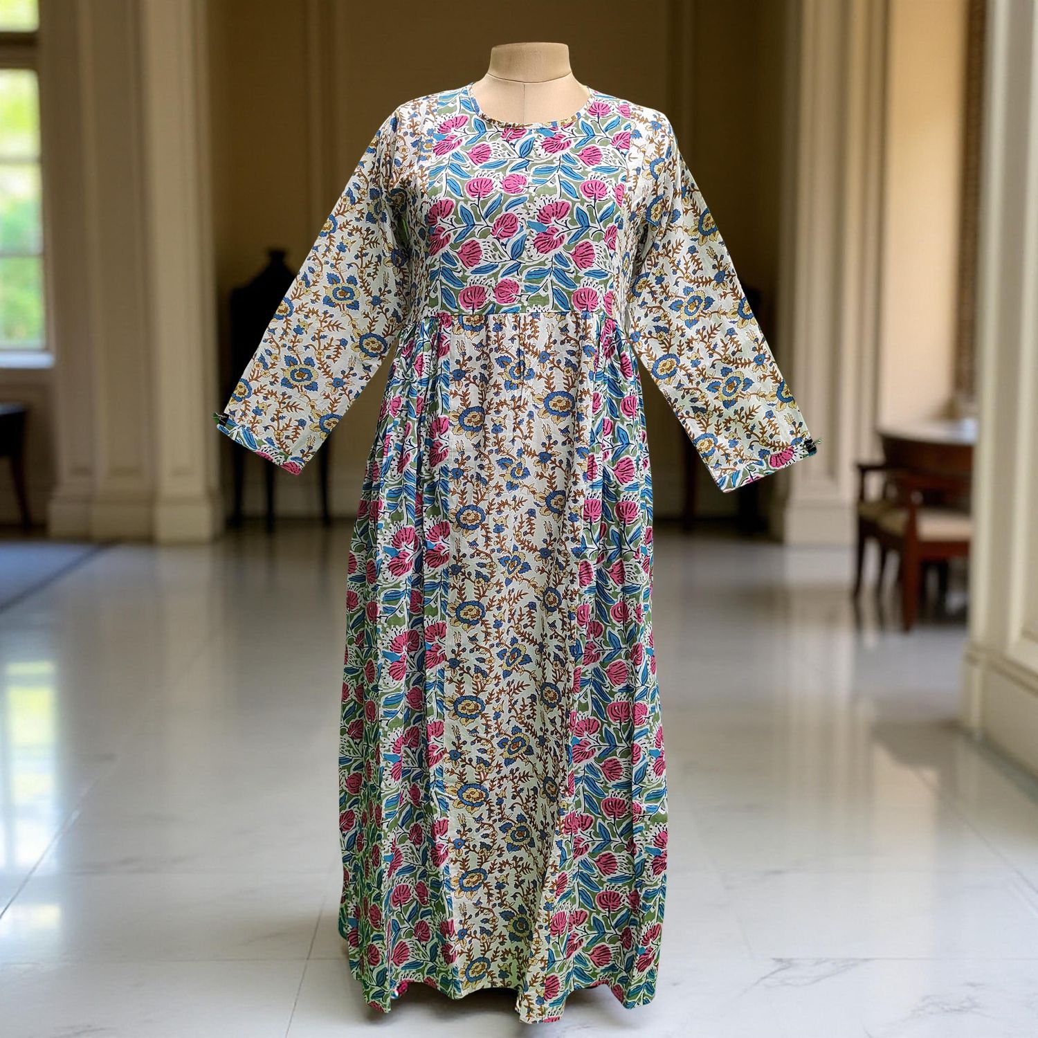 L/XL Heba Printed Cotton Dress 57" Long  Jalabiya