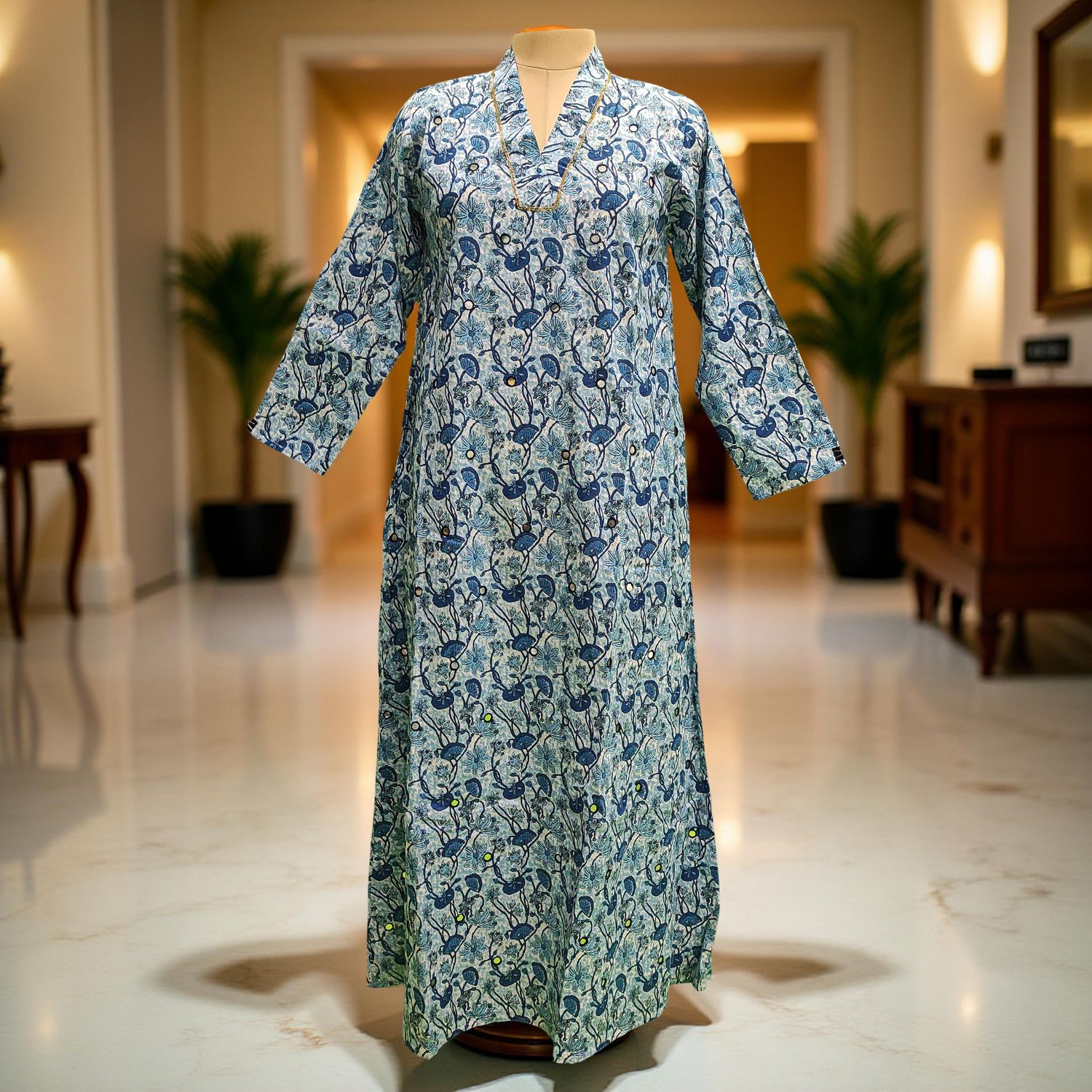 S/M Teena Printed Mirror Work Cotton Dress 57" Long Jalabiya