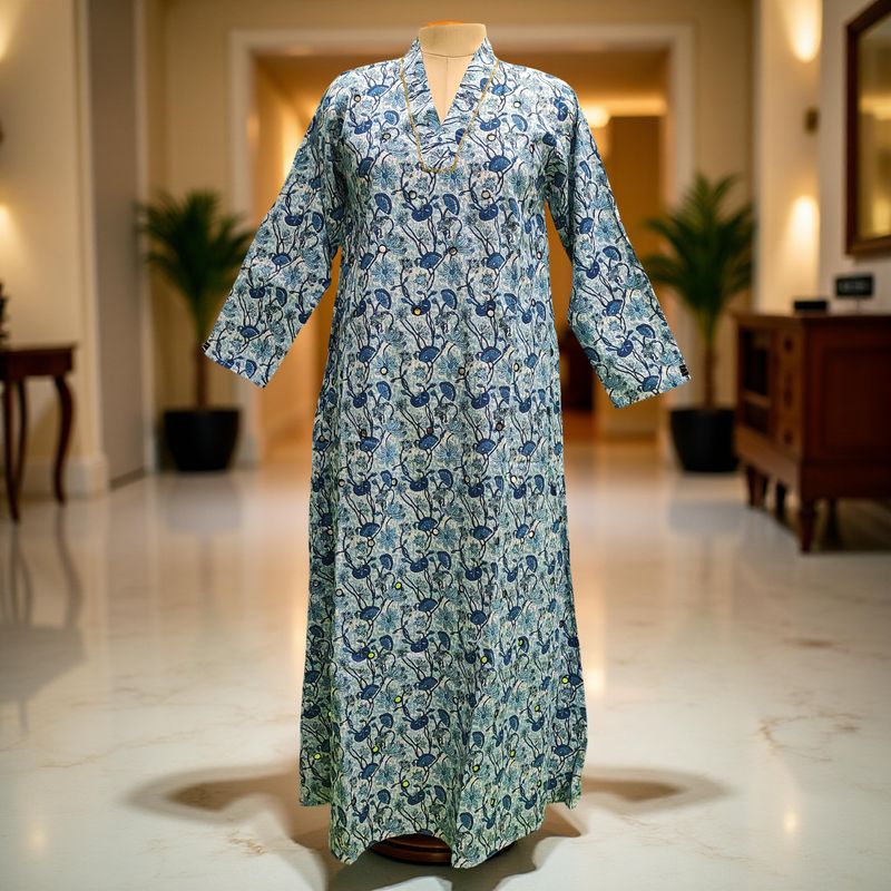 S/M Teena Printed Mirror Work Cotton Dress 57" Long Jalabiya