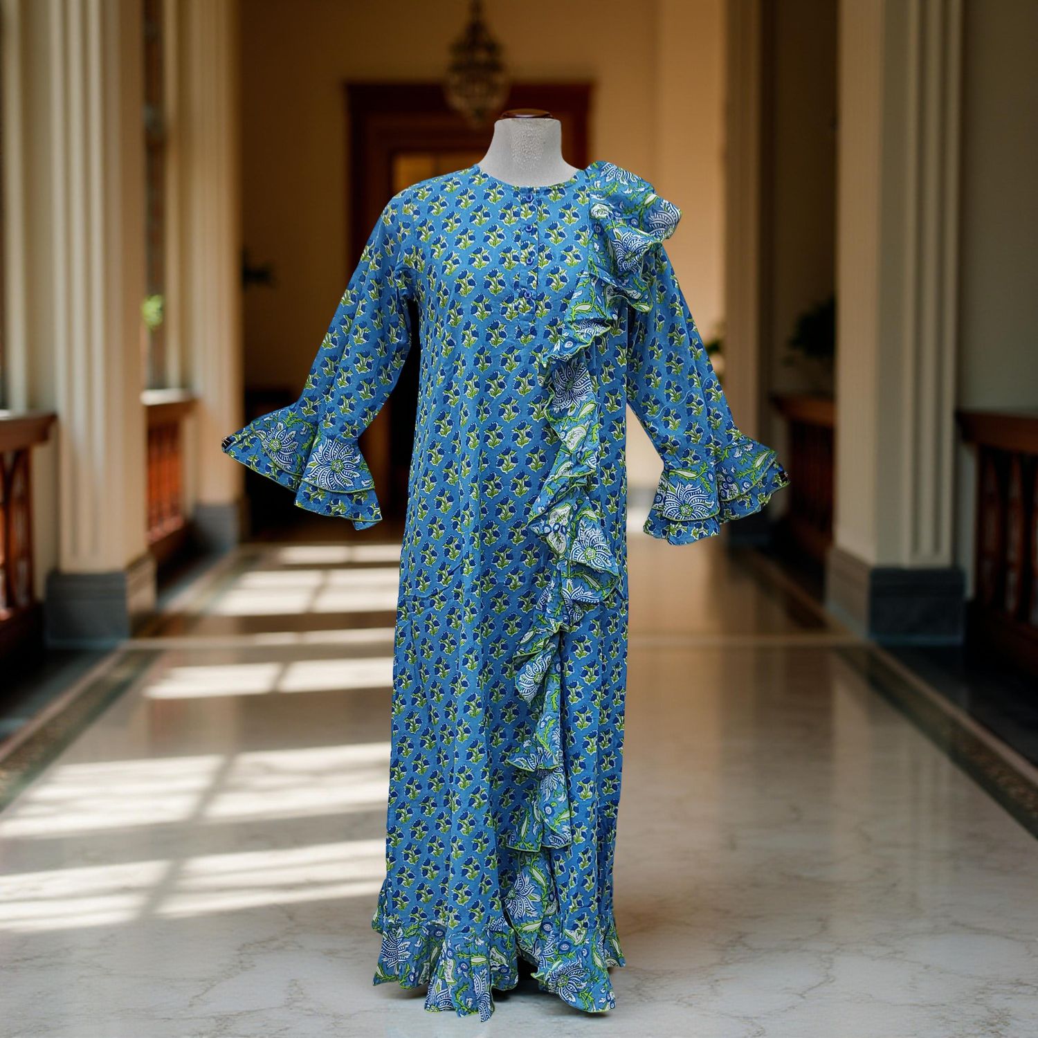 2XL/3XL Princess Printed Cotton Long Dress 57" Jalabiya