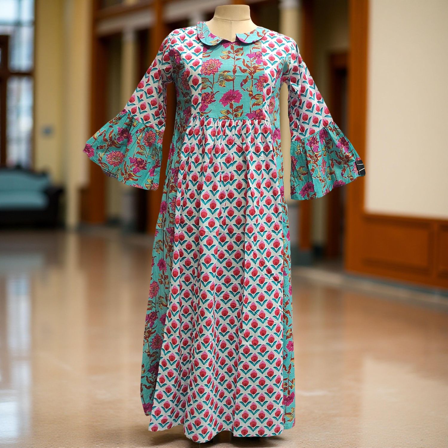 L-XL Husn Printed Cotton Dress 57" Long Jalabiya