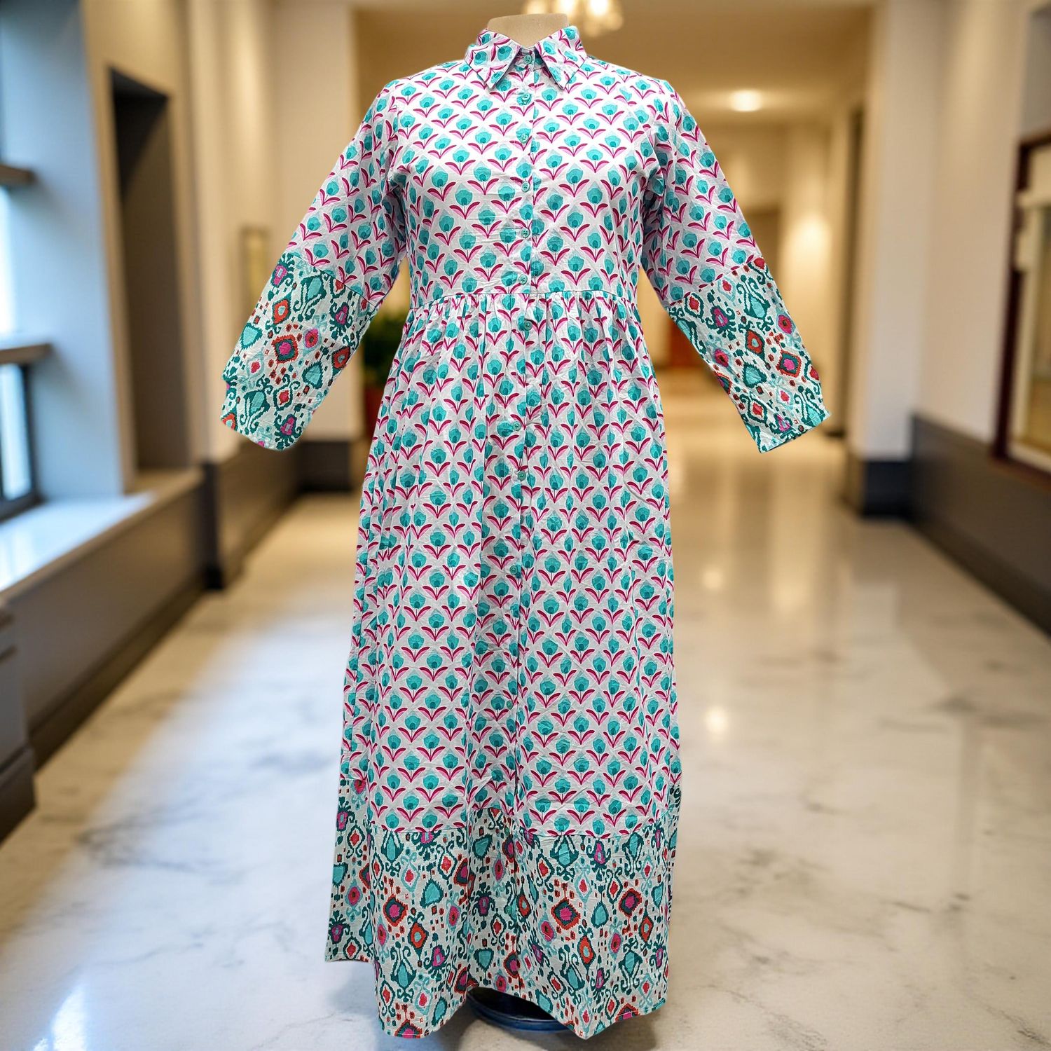 L/XL Ana Printed Cotton Dress 57" Long Jalabiya