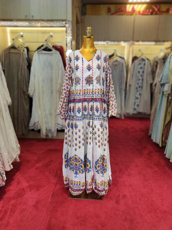 L/XL Meher Crystal Multi Printed Cotton Dress 57" Long Jalabiya