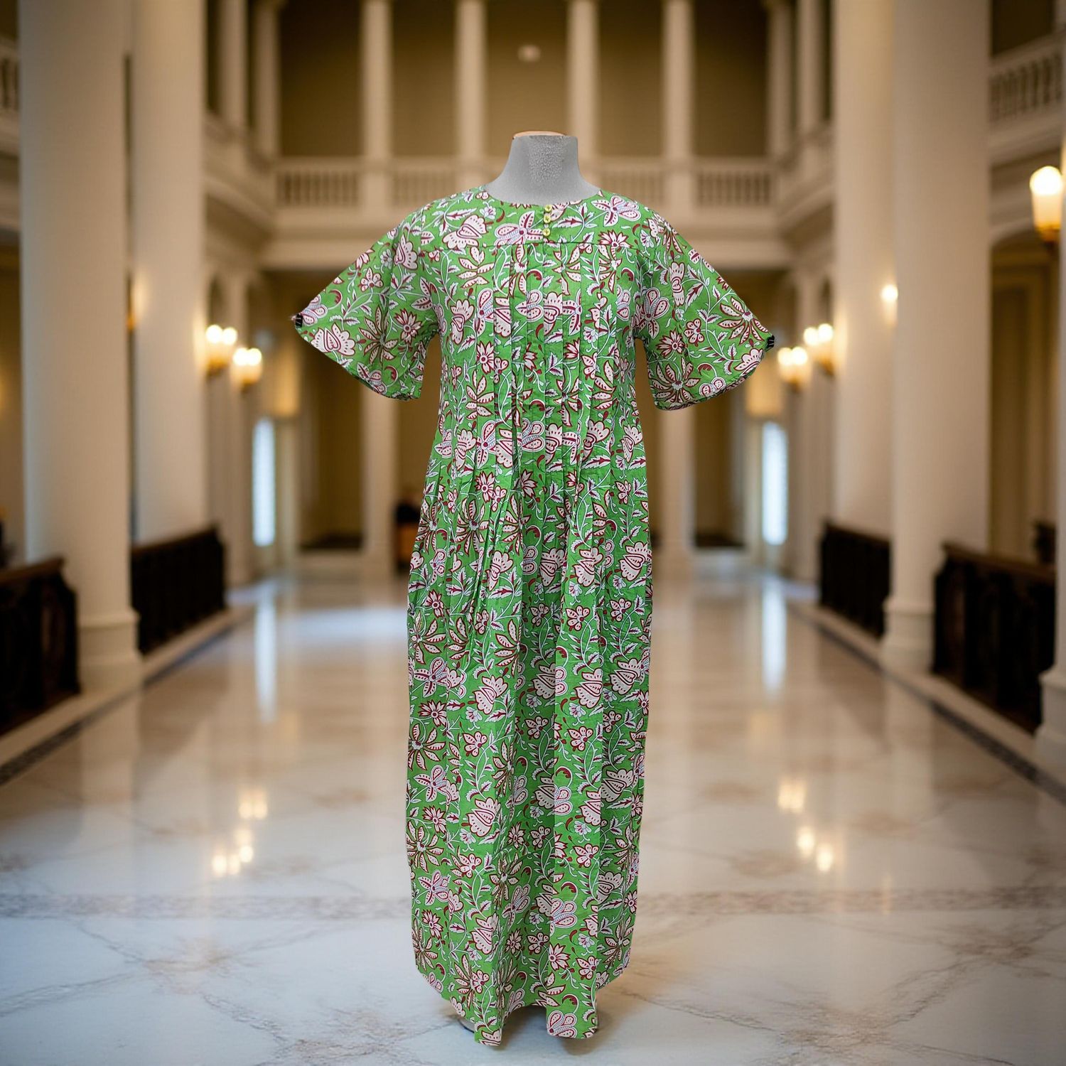 S/M Nahla Printed Cotton Dress 57" Short Sleeves Jalabiya