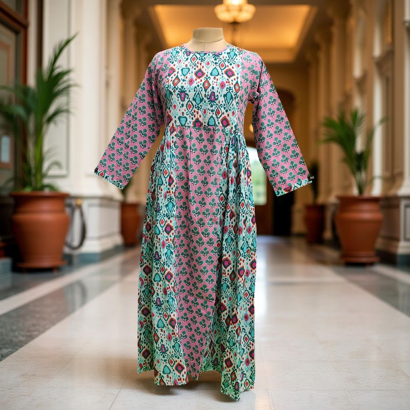 L/XL Heba Printed Cotton Dress 57" Long  Jalabiya