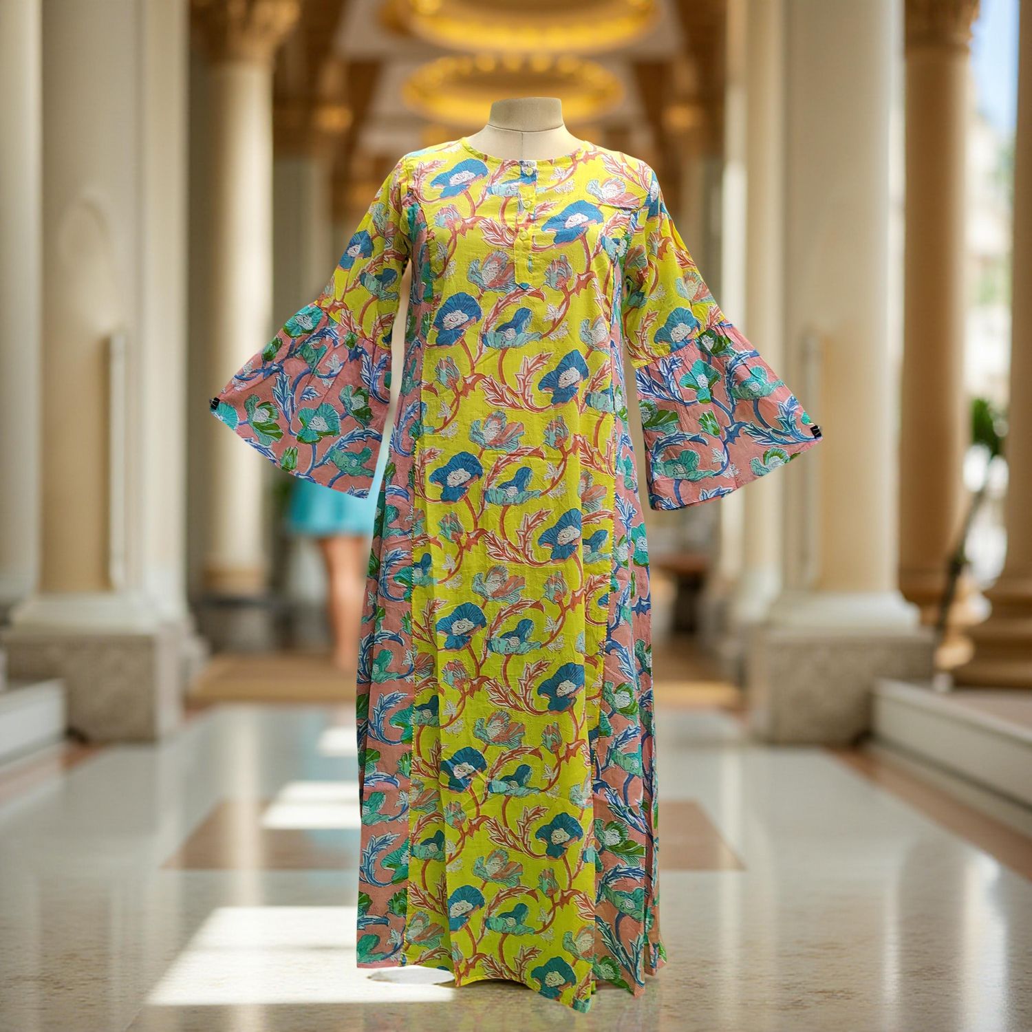 S/M Marry Printed Cotton Dress 57" Long Jalabiya