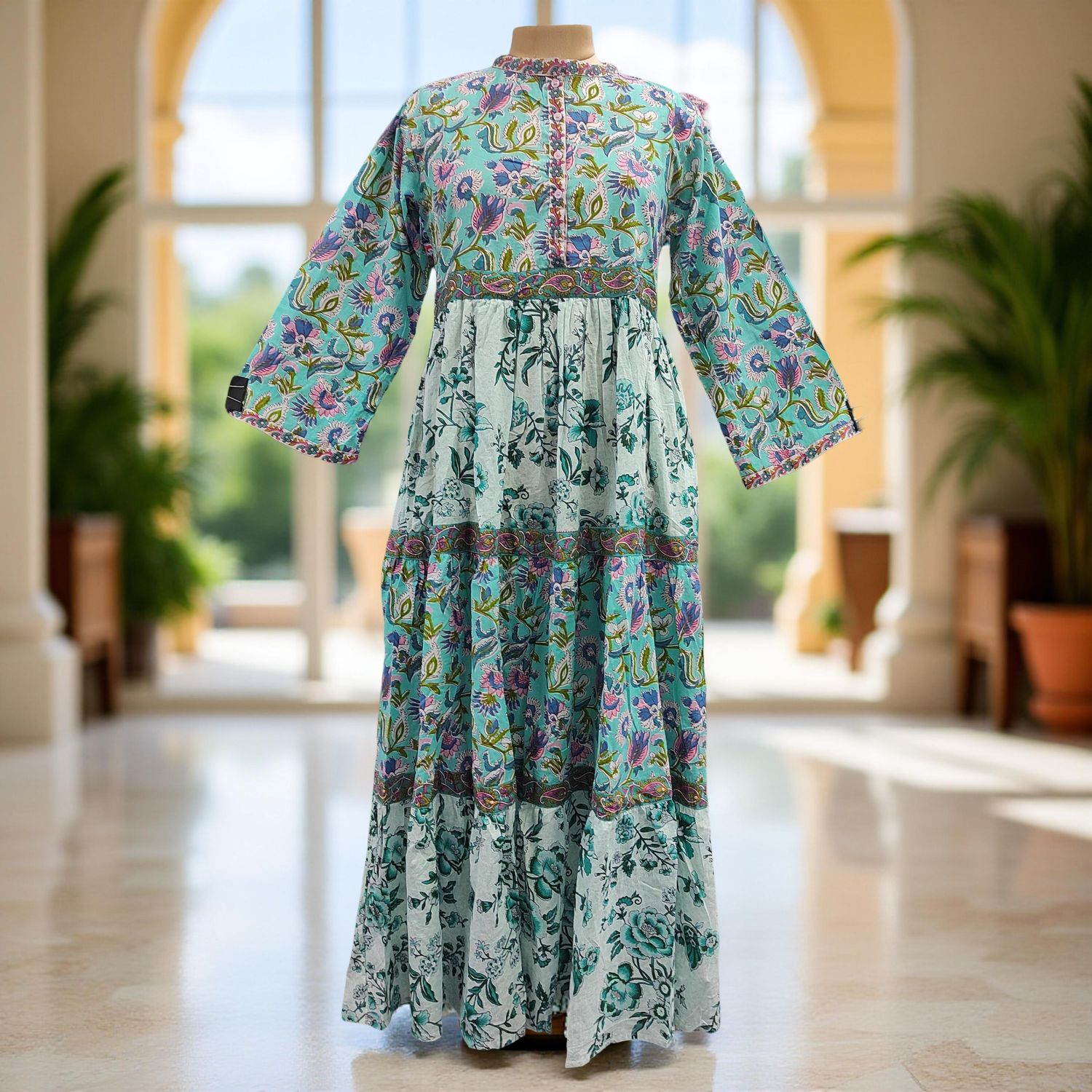 L/XL Multi Sydney Printed Cotton Dress 57" Long Jalabiya