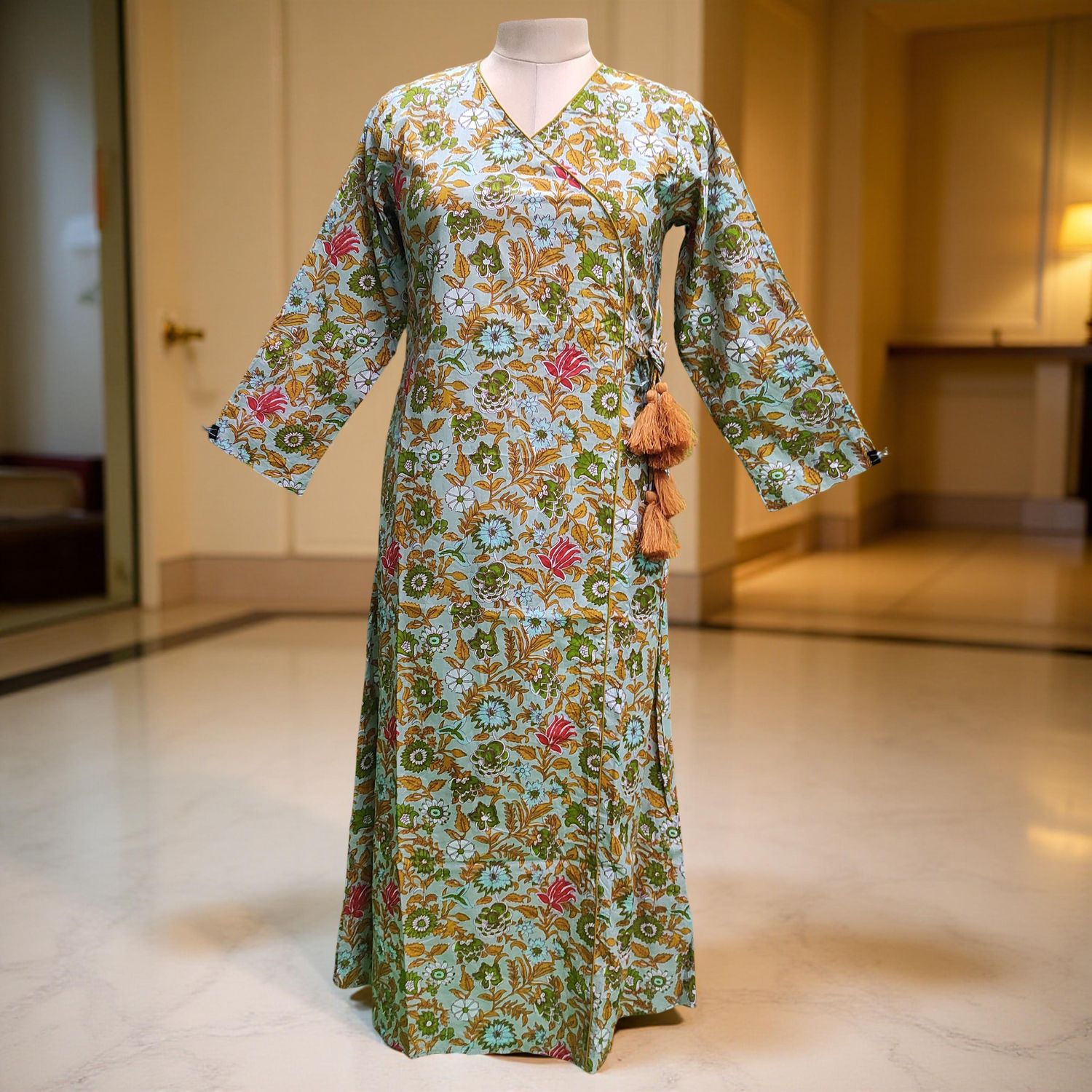 S/M Qifa Printed Cotton Dress 56" Long Jalabiyas