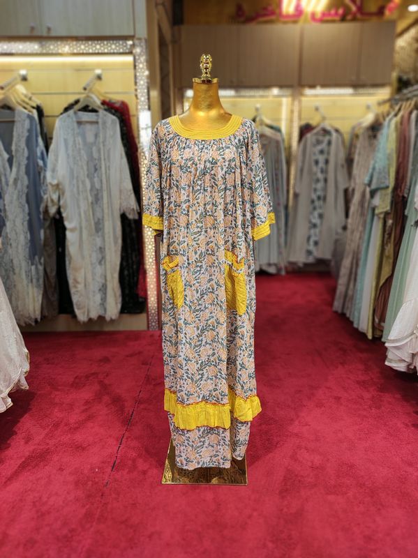 L/XL Nawaar Printed Cotton Dress 56" Short Sleeves Jalabiya