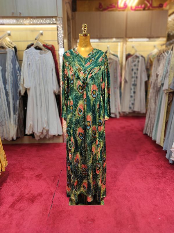 S/M Zaheera Silk Crystal Printed Cotton Dress 57" Long Jalabiya