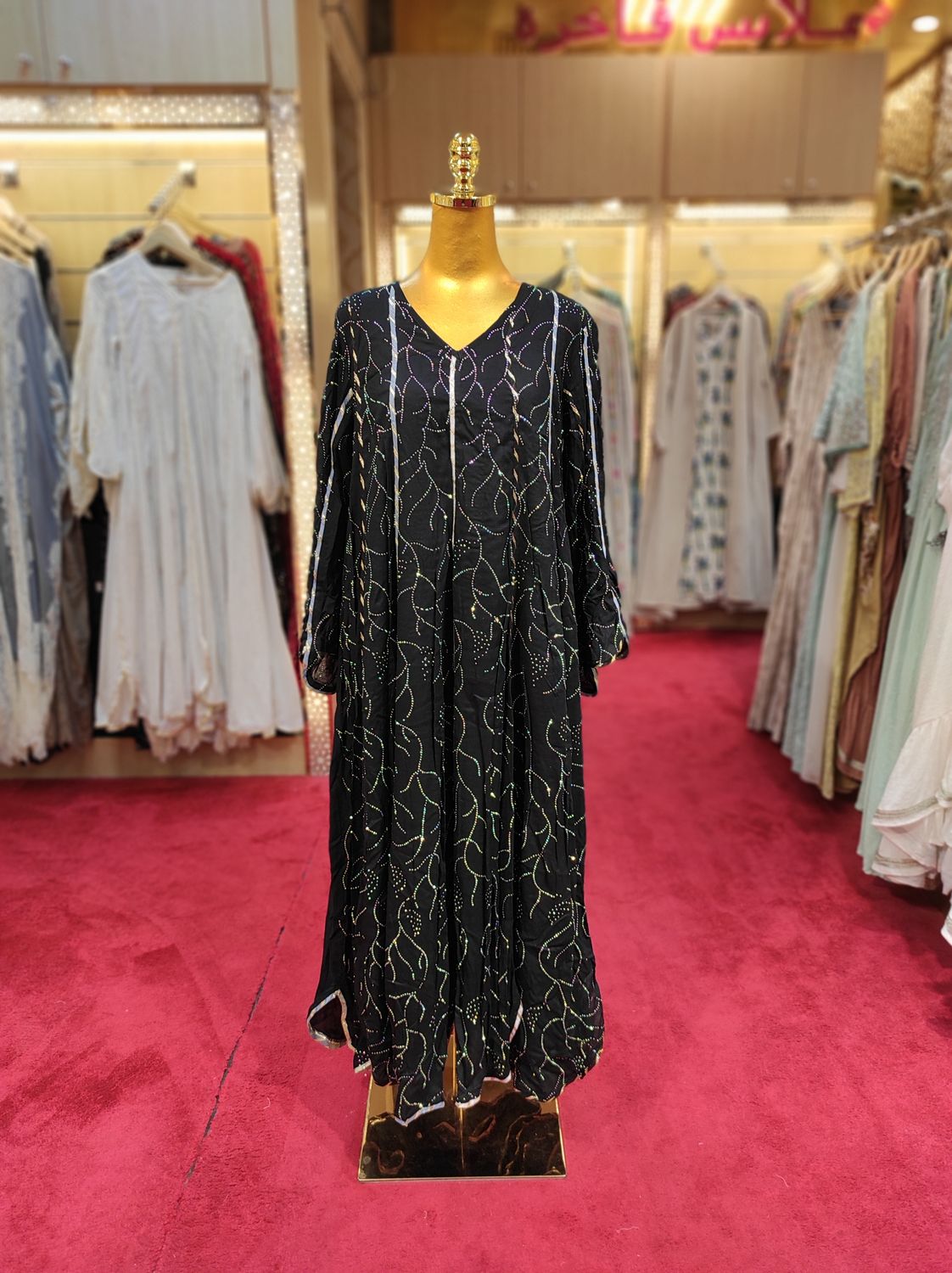 XS/S Meher Crystal Black Printed Cotton Dress 54" Long Jalabiya