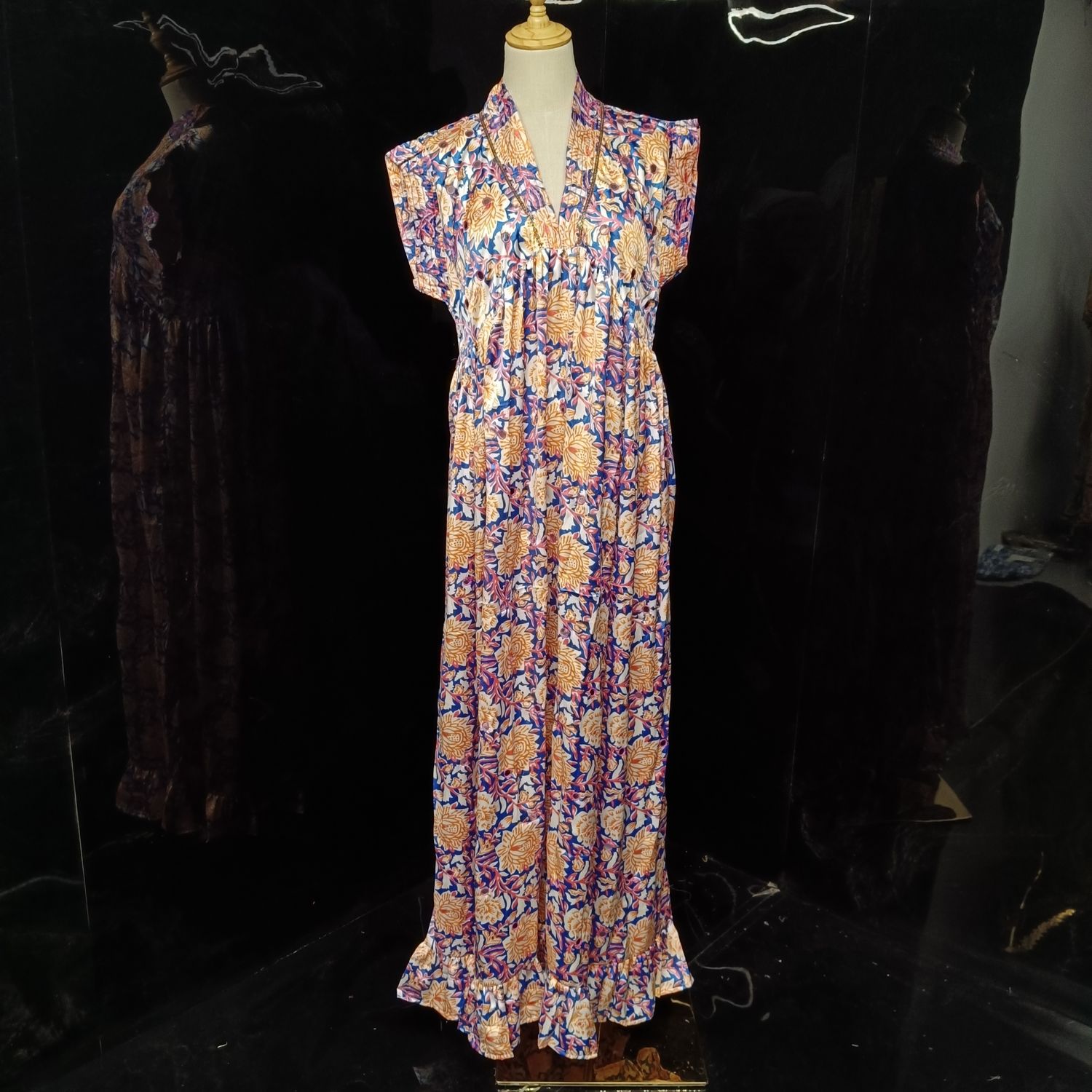 S/M Satin Amani Printed Cotton Dress 57" Short Sleeves Jalabiya