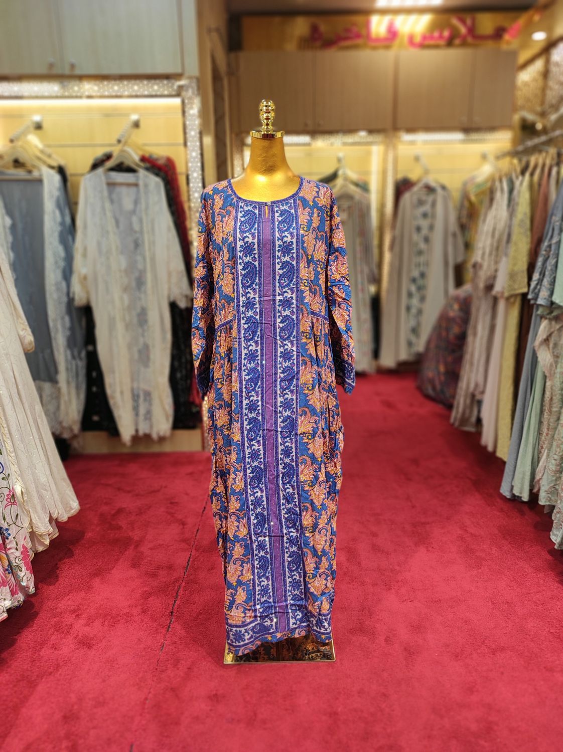 S/M Bhopali Crystal Printed Cotton Dress 57" Long Jalabiya