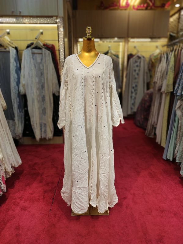 S/M Meher White And Mirror Cotton Dress 57" Long Jalabiya