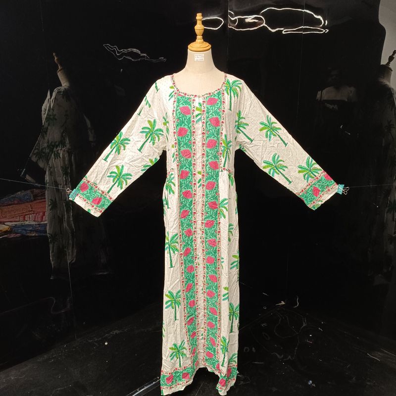 2XL/3XL Bhopali Crystal Printed Cotton Dress 57" Long Jalabiya