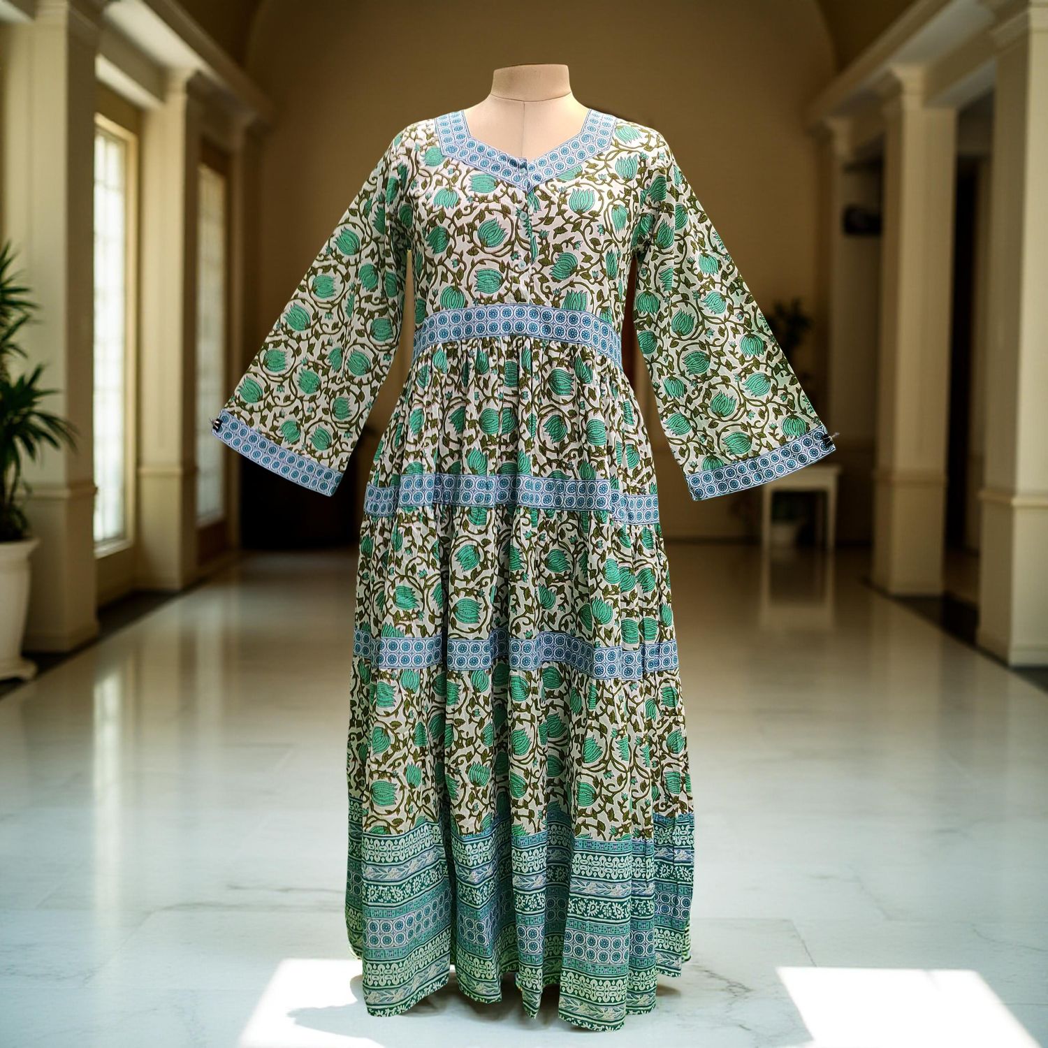 S/M  Huda Printed Cotton Dress 57" Long Jalabiya