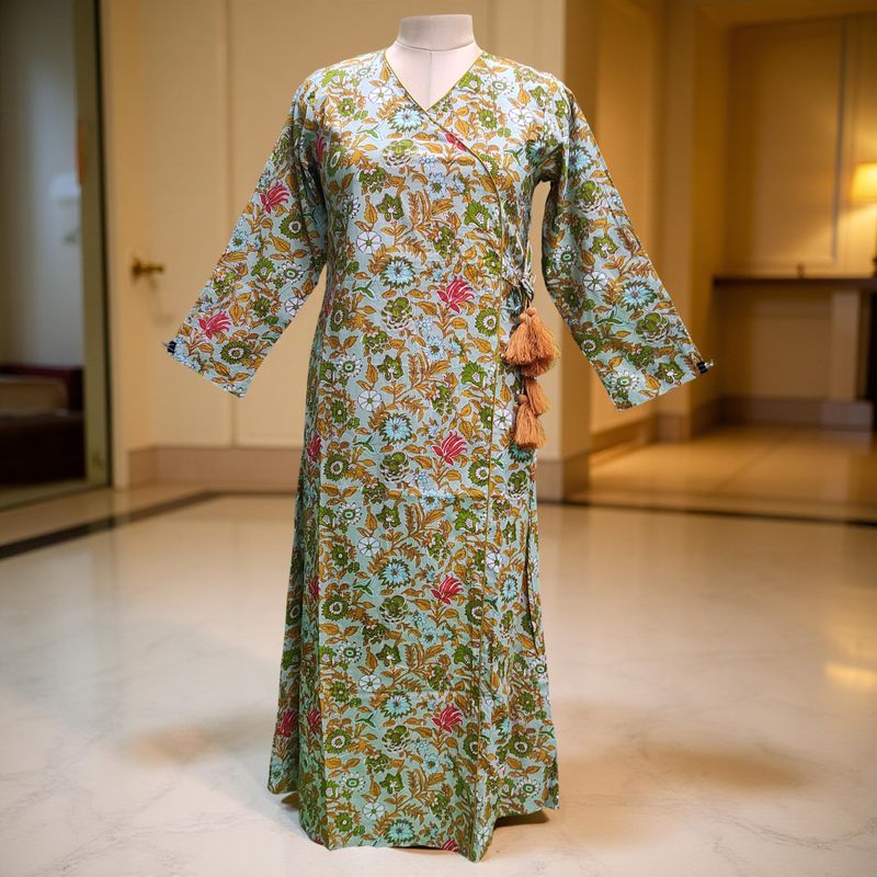 L/XL Qifa Printed Cotton Dress 57" Long Jalabiyas