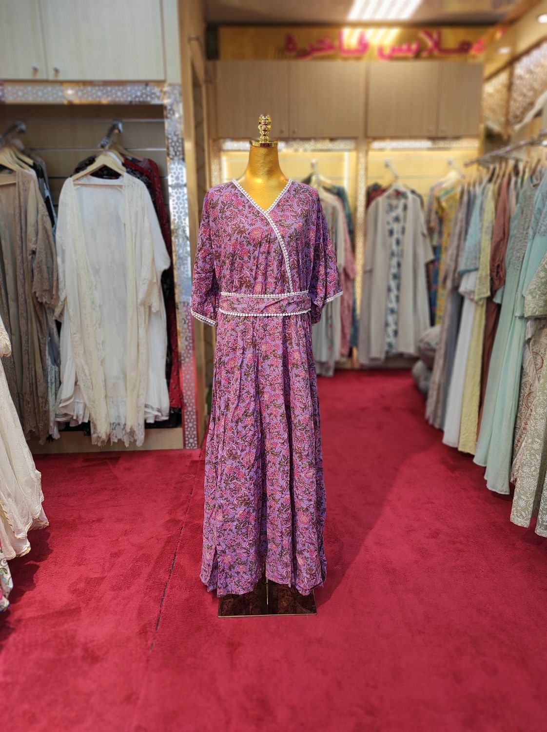 S/M Nizana Printed Cotton Dress 57" Short Sleeves Jalabiya