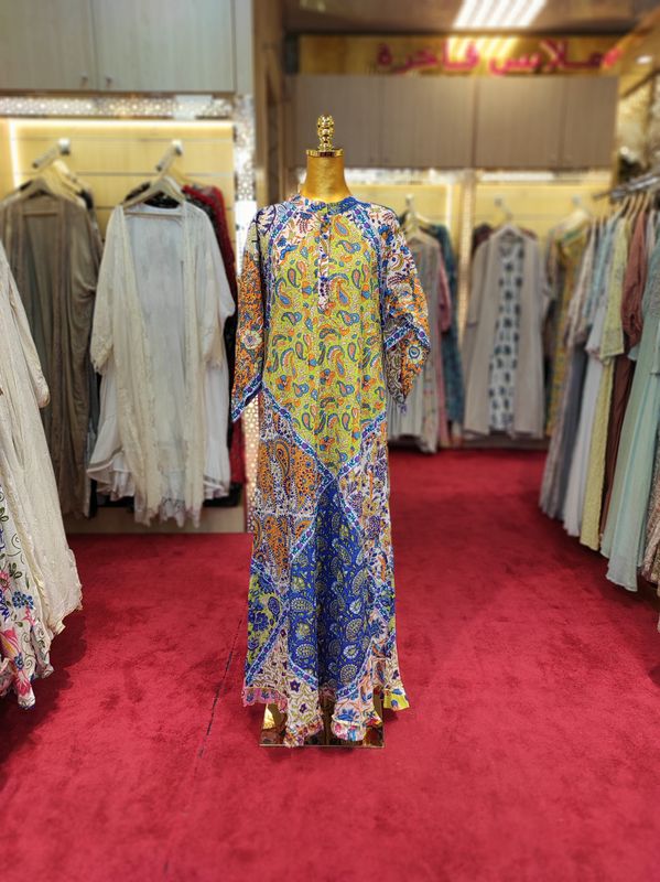 S/M Takisha Multi Printed Cotton Dress 57" Long Jalabiya