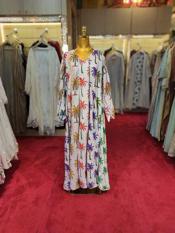 L/XL Meher Crystal White Multi Cotton Dress 57" Long Jalabiya