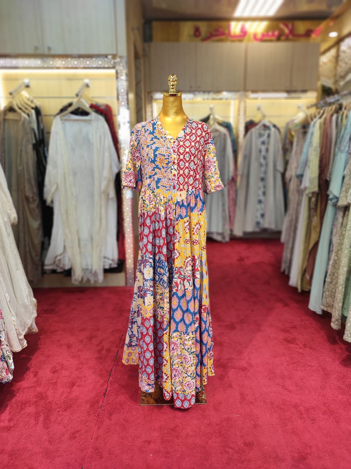 S/M Zaib Multi Printed Cotton Dress 57" Short Sleeves Jalabiya