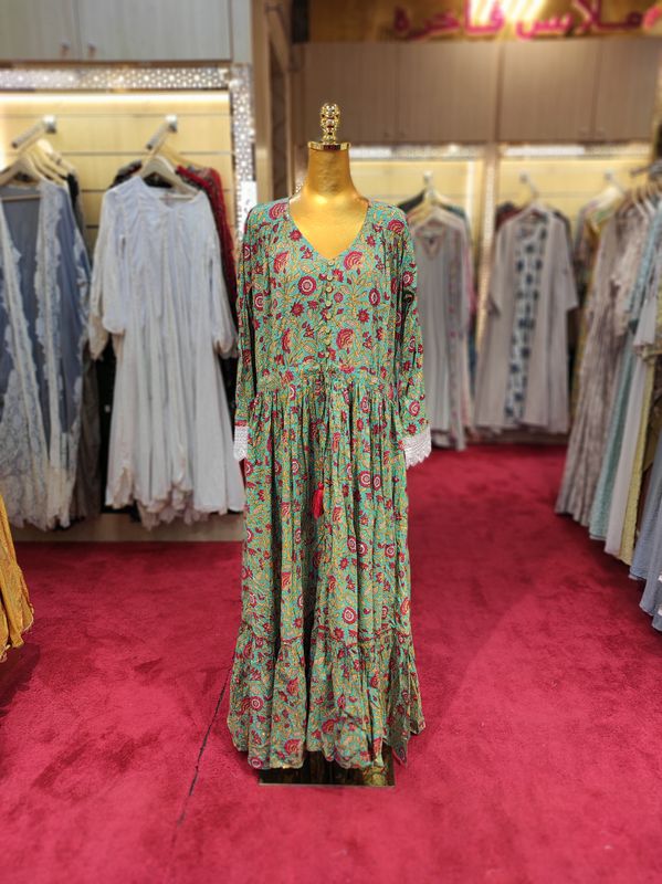 S/M Ari Crystal Multi printed Cotton Dress 57" Long Jalabiya