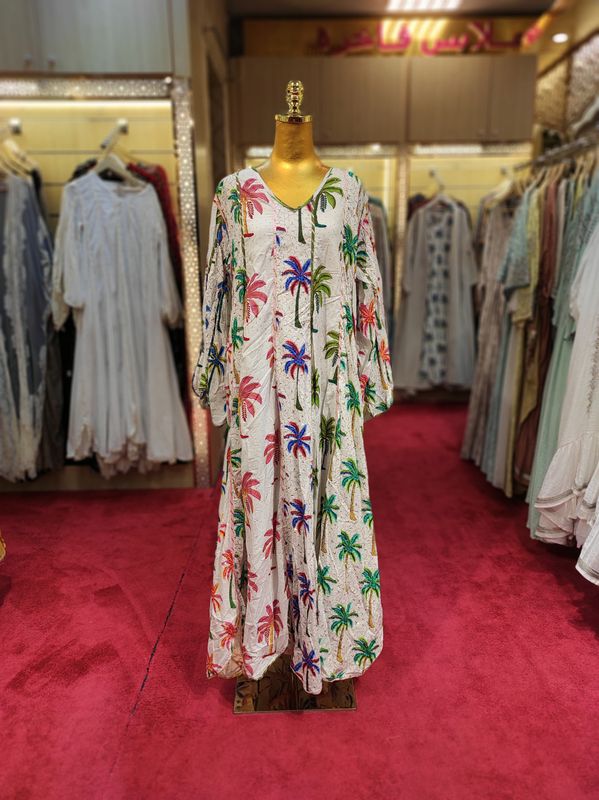 L/XL Meher Crystal White and printed Cotton Dress 57" Long Jalabiya