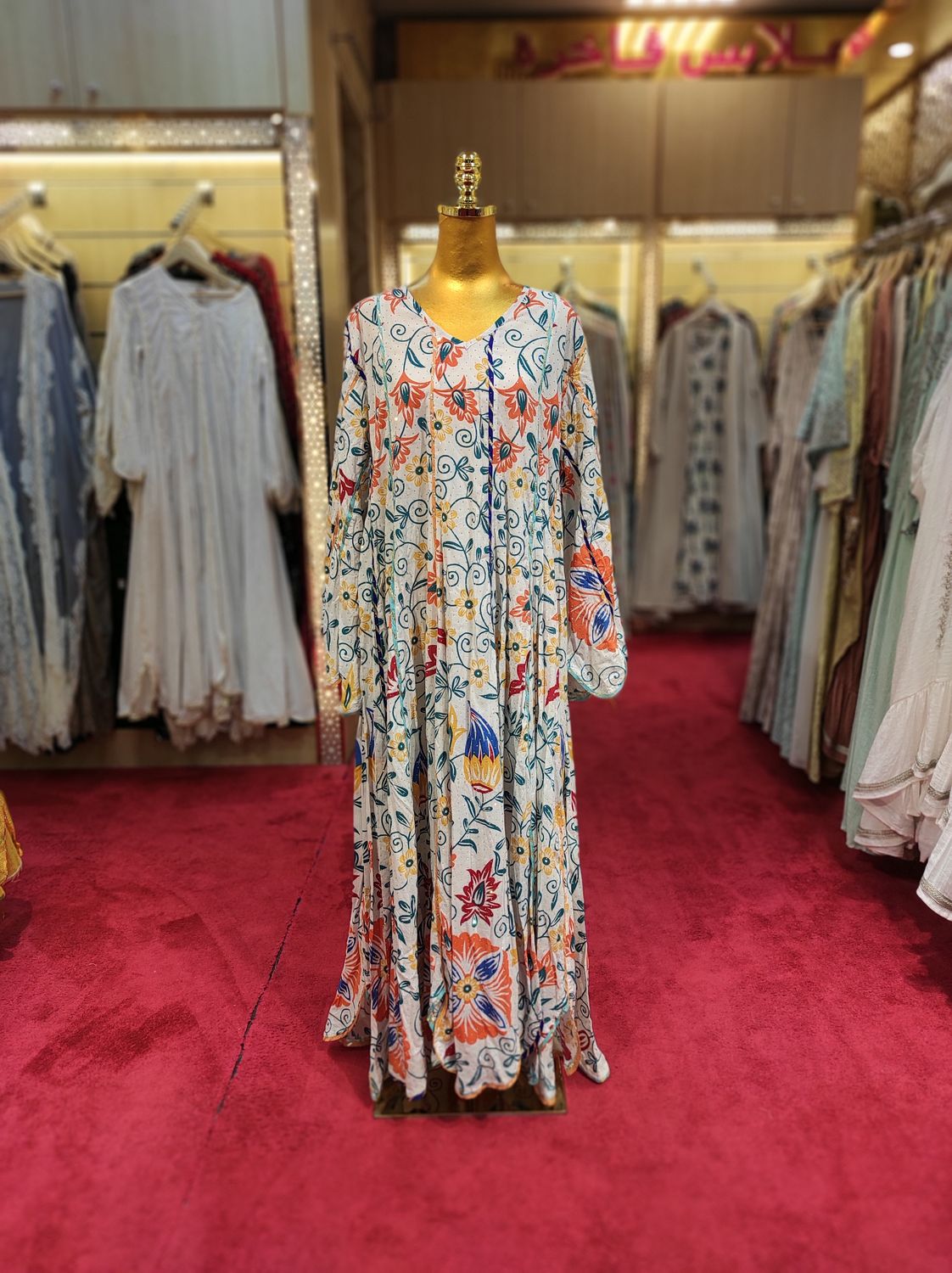 L/XL Meher Crystal White and printed Cotton Dress 57" Long Jalabiya