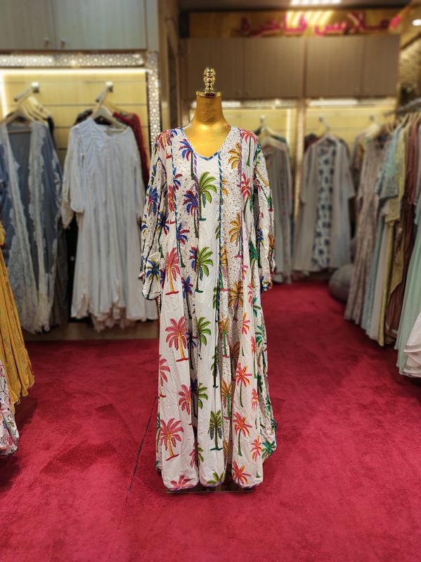 S/M Meher Crystal White Printed Cotton Dress 57" Long Jalabiya