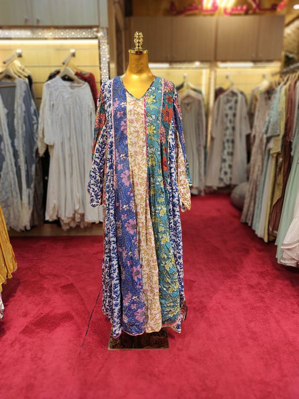 L/XL Meher Crystal  Multi Cotton Dress 57" Long Jalabiya